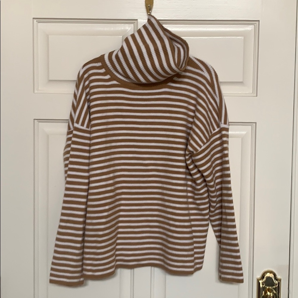 Camel and white striped oversized wool turtleneck